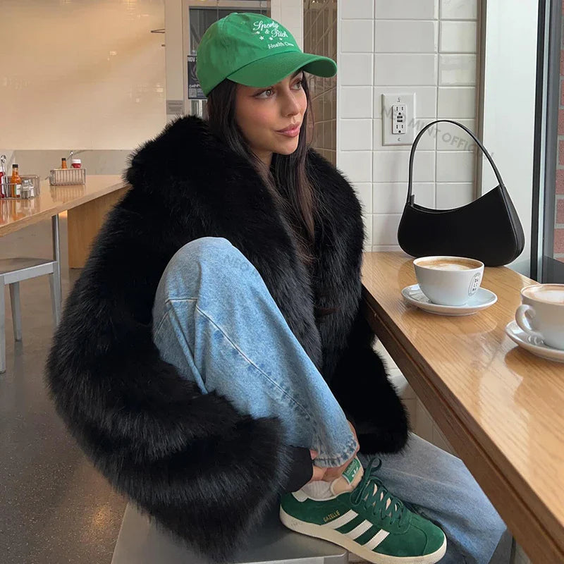 Neo Mint Street Fashion Shawl Collar Faux Fox Fur Coat Women 2024 Winter Cool Girls Black Short Fur Jacket Vintage Chic Overcoat LadyShow.Store