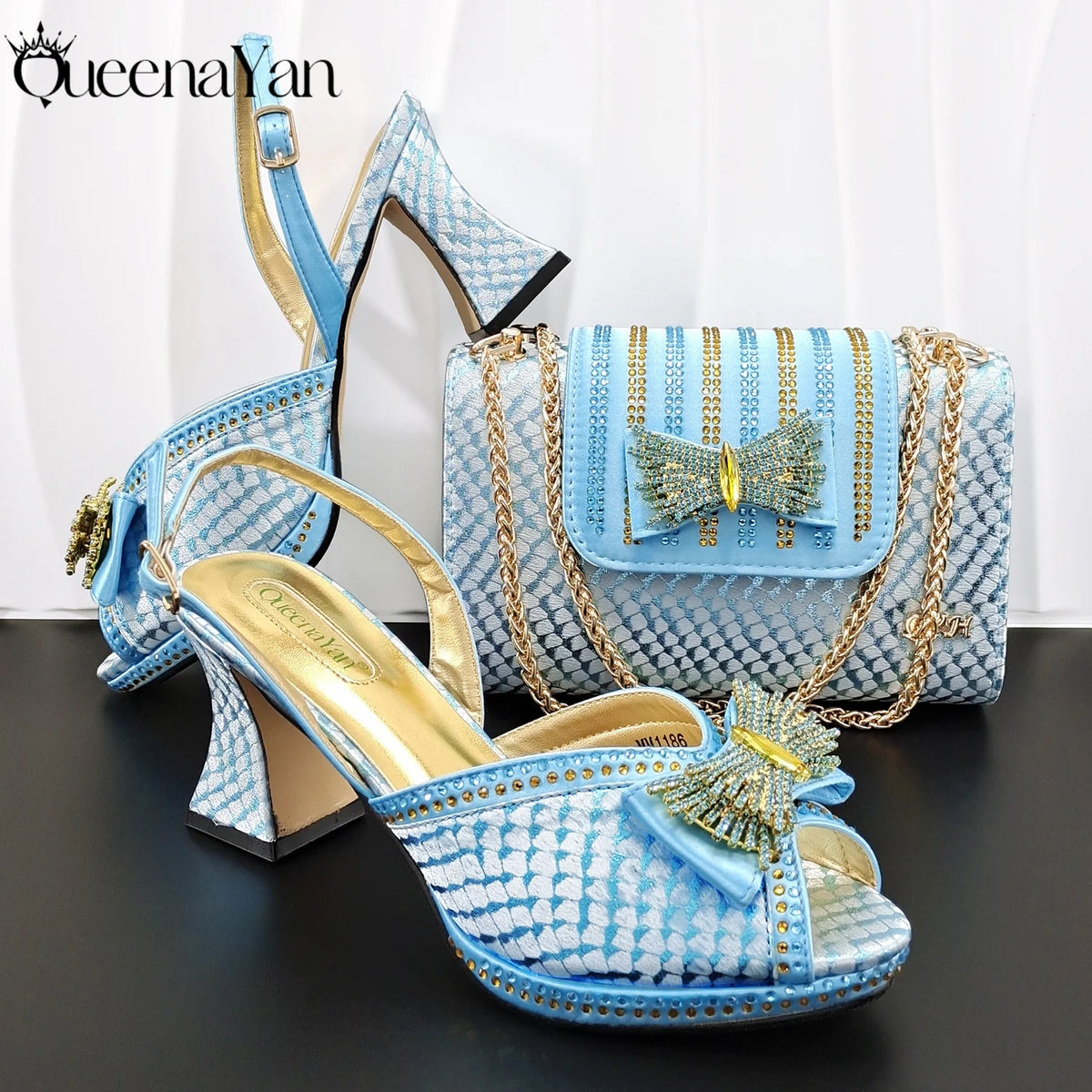 QueenaYan 2026 New Italian Pumps and Bag To Party  INS Style Open-Toe Rhinestone Elegant High Heels for Women Party Pi-Mart