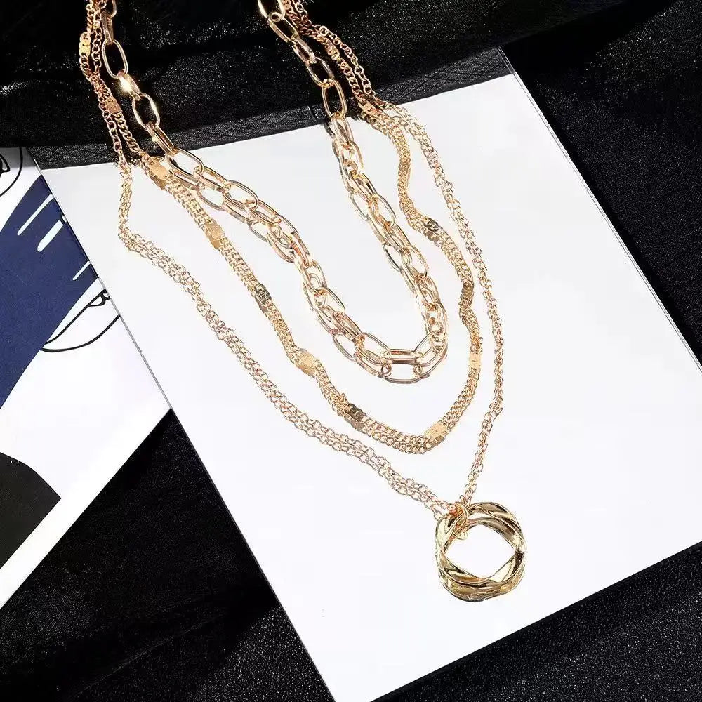 Fashionable cross-border new jewelry design round circle pendant necklace, exaggerated multi-layer versatile necklace. Pi-Mart