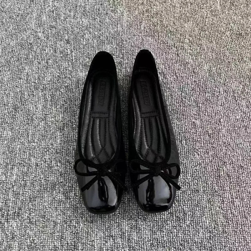 2026 New Women's Patent Leather Bow Ballet Flats, Square Toe Soft Sole Slip-on Casual Shoes for Spring Summer Pi-Mart