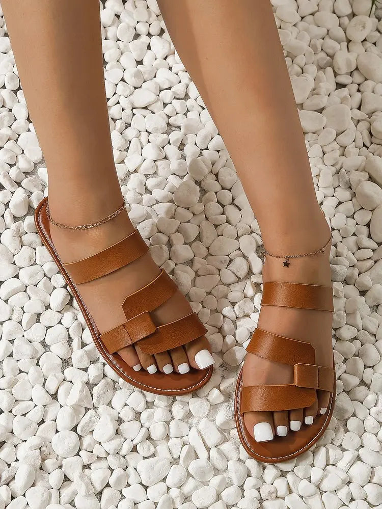 Women's Solid Color Slides, Lightweight Flat Slip On Walking Slides, Comfort Beach Slides Pi-Mart