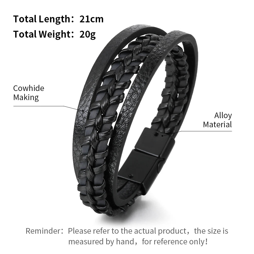 Trendy Leather Bracelets For Men Stainless Steel Bracelet 21CM Multilayer Braided Rope Bracelets for Male Jewelry Gifts Pi-Mart