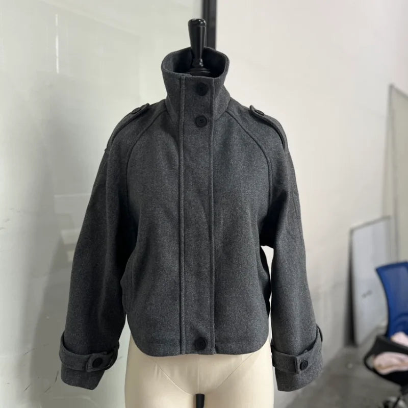 Fashion Short Woolen Coat For Women Stand Collar Full Sleeve Loose Zipper Jacket Female 2025 Spring Autumn Solid Lady Outwear LadyShow.Store