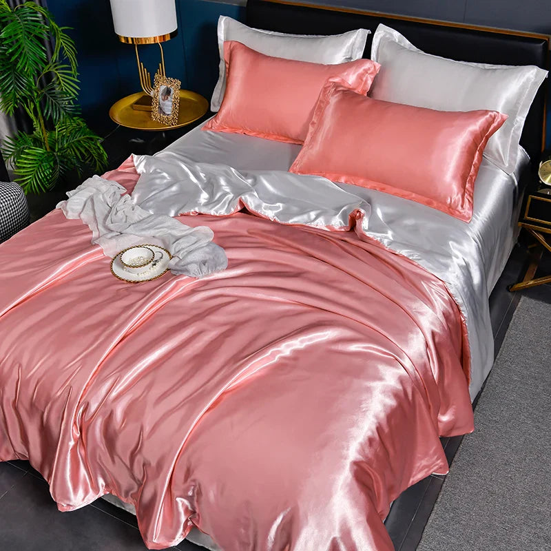 A/B Double-Sided Color Bedding Set Silky Satin Duvet Cover Bed Sheet Pillowcase Luxury Bedsheet King Queen Double Twin Size LadyShow.Store