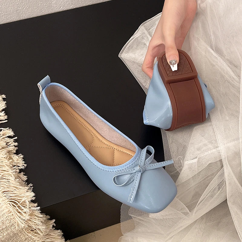 2026 Brand Women Flats Spring New Square Toe Bowknot Ladies Casual Ballet Shoes Big Size Slip on Soft Eelgant Dress Shoes 12457 Pi-Mart