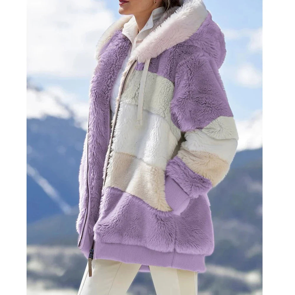 Oversized Jacket for Women Coat 2025 Autumn Winter Warm Plush Pocket Hooded Streetwear Loose Lady Zipper Cashmere Outerwear Coat LadyShow.Store