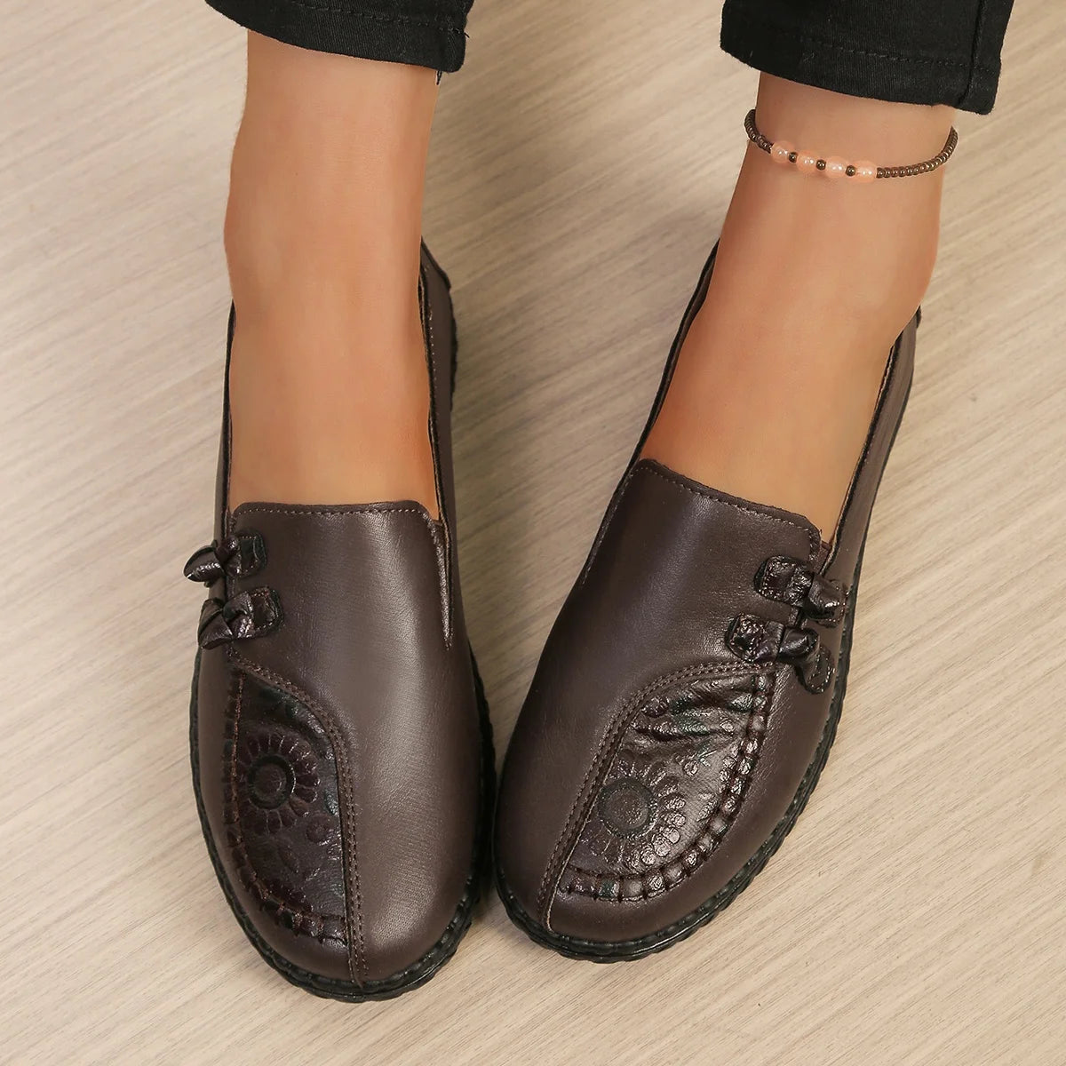 Women's Spring Autumn Leather Loafers Floral Embossed Slip‑On Flats Anti‑Slip Comfort Casual Mom Daily Walking Free Shipping Pi-Mart