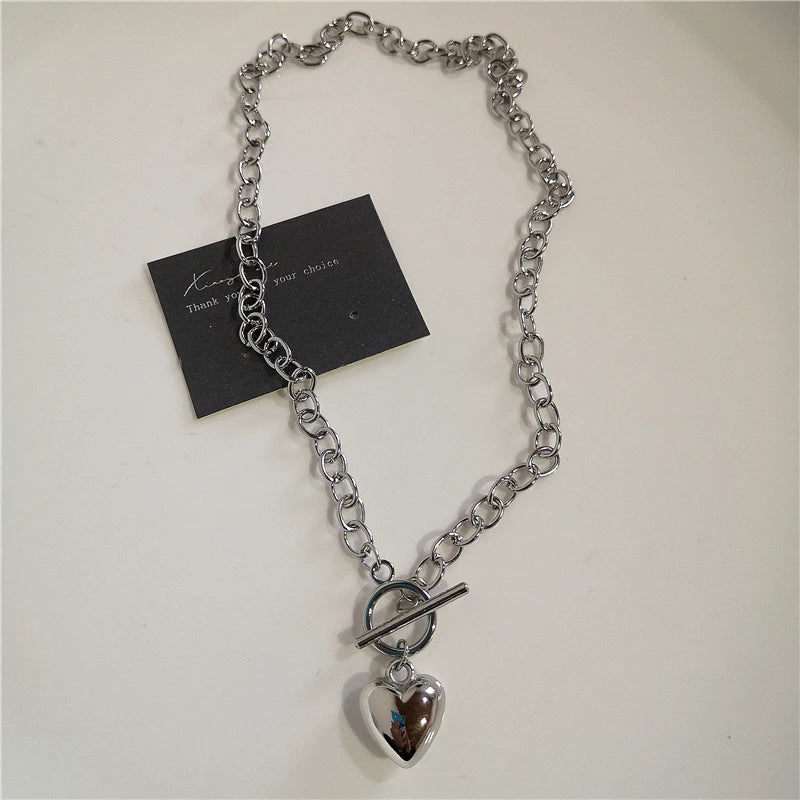 Punk Rock Black Heart Cross Pendant Chain Necklace For Men Women Cool Hip Hop Street Vintage 90s Y2K Grunge Goth Accessories Pi-Mart