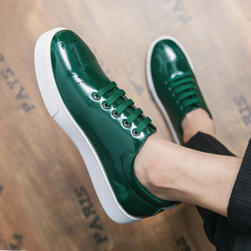 Spring Autumn Leather Shoes High Quality Patent Leather Casual Shoes Lace Up Sneakers Green Fashion Sole Designer Leather Shoes Pi-Mart