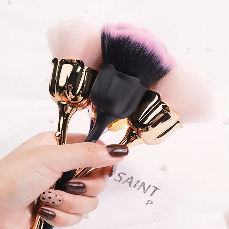 Flower Nail Brush for Manicure Gold Rose Shape Nail Art Brushes Round Small UV Gel Polish Powder Cleaning Tools Nail Accesories Tri Light Beauty