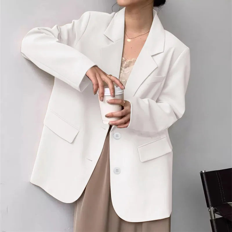 Mid Length Blazer Jacket Women Solid Long Sleeve Pocket Lapel Single Beasted Formal Coat Outerwear Loose Work Casual Blazers Pi-Mart