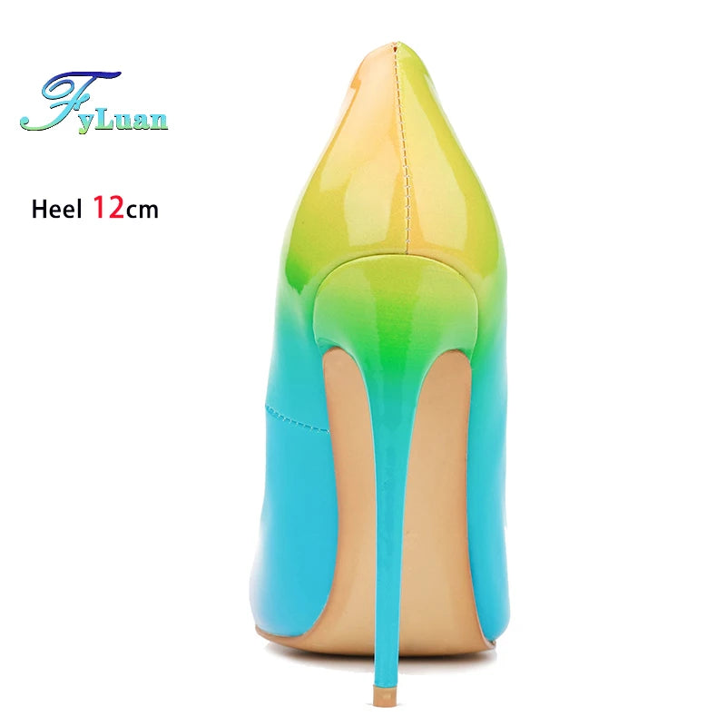 Brand Women High Heels 8-12CM Fashion Iridescent Pointed Toe Single Shoes Woman Thin Heel Summer Glossy Colorful Leather Pumps Pi-Mart