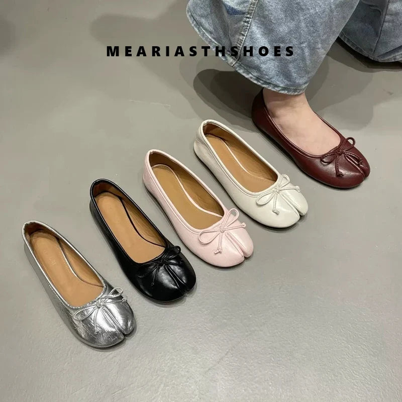 Spring Summer Microfiber Leather Split Toe Women Pumps Fashion bowknot Designer Low Heeled Tabi Soft Soles Loafers Casual Shoes LadyShow.Store