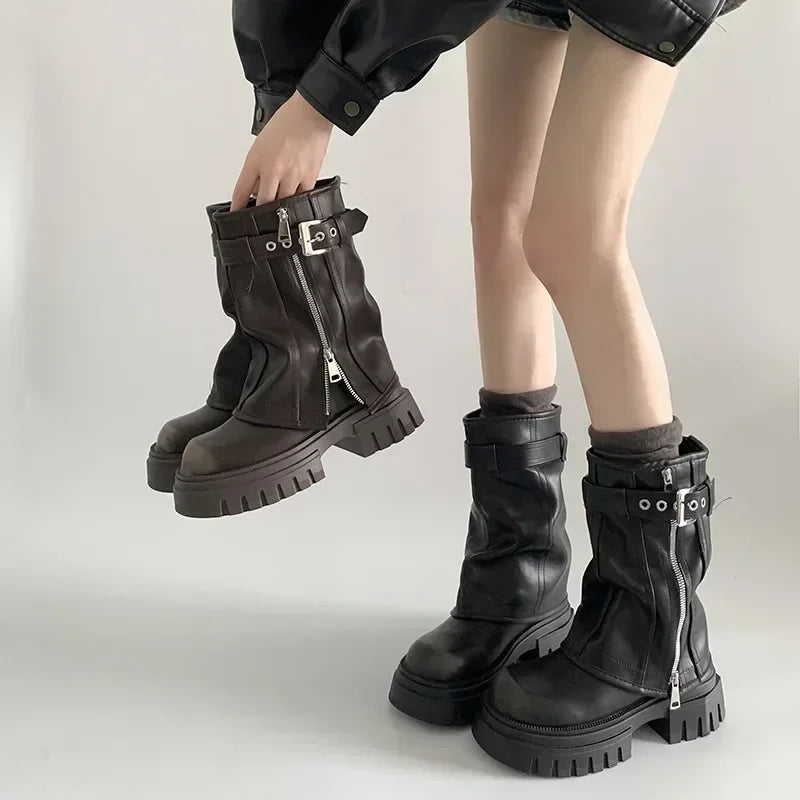 2025 Winter Women Biker Boots Fashion Belt Buckle Ladies Elegant Platform Long Pipe Booties Casual Women's Knee High Booties LadyShow.Store