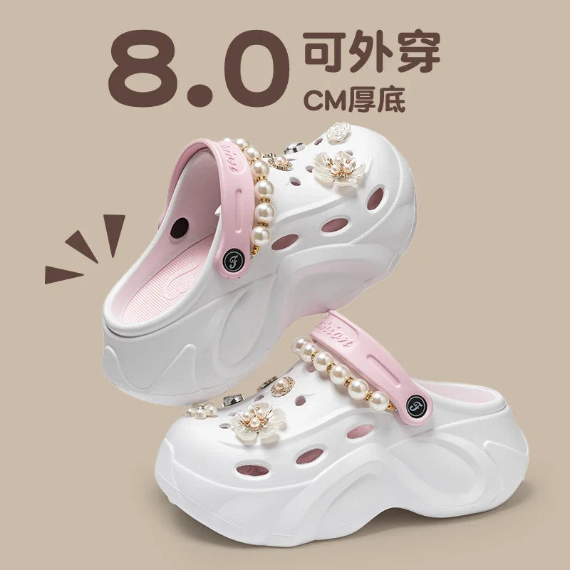 Summer Fashion Pearl Chain DIY Clogs Women 2025 Chunky Platform Slip On Sandals Women Thick Bottom EVA Slippers Shoes Woman Heel LadyShow.Store