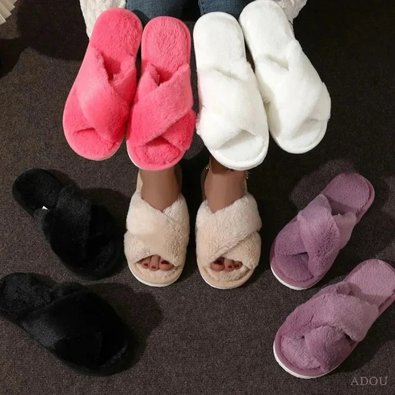 Winter Warm Slipper Women Fur Plush Indoor Lazy Thermal Furry Home House Fuzzy Cross Shoe Flat Flip Flop Leopard Print Fluffy LadyShow.Store