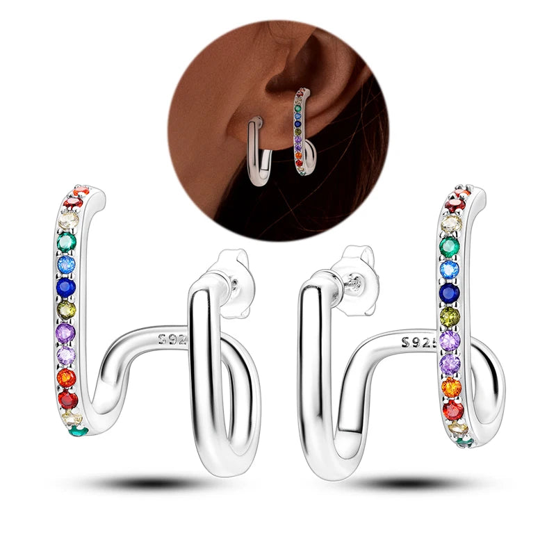Genuine 925 Sterling Silver Love Feather Earrings Fit Original Charms Hoop For Women Girls Stud Earring Fine Jewelry Gifts Pi-Mart