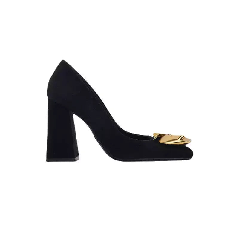 Vintage Elegant Women's Pumps Black Suede Leather Square Toe Block Heel, Gold Metal Flower Buckle Office Party Dress Shoes LadyShow.Store