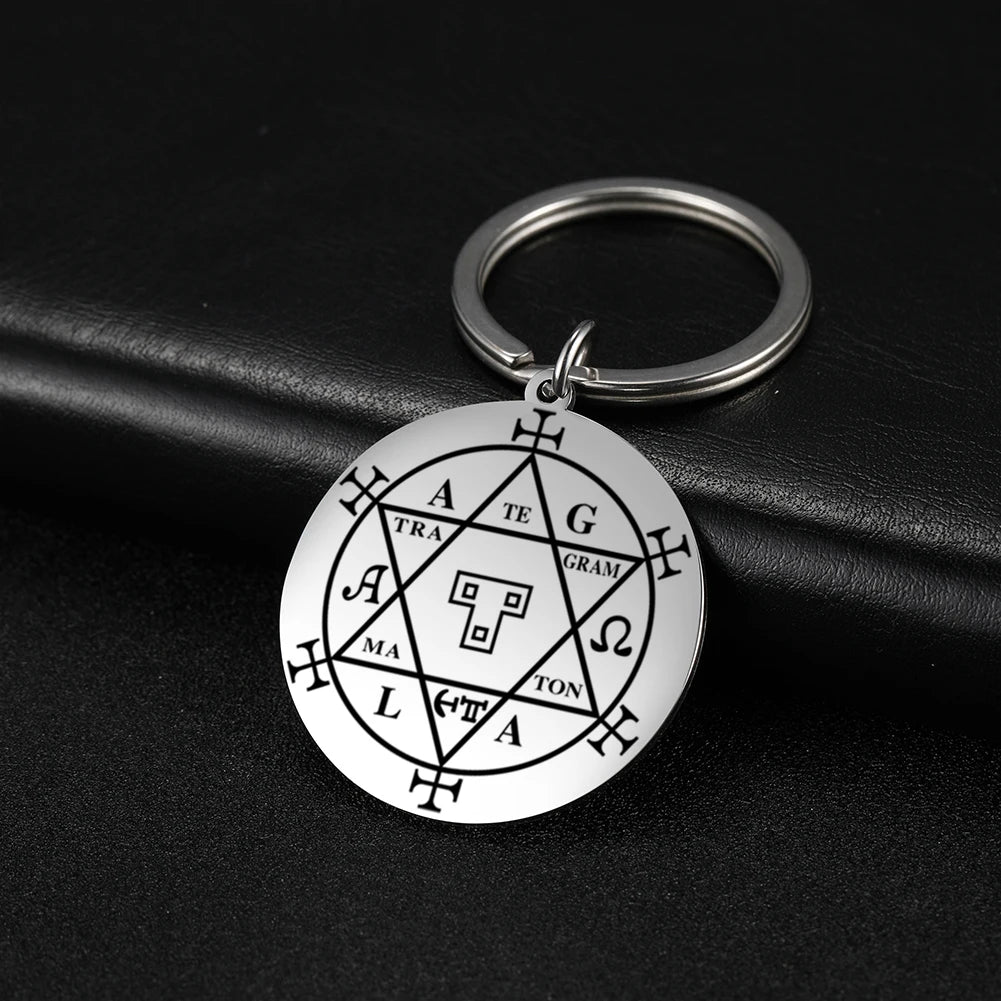 Dawapara Protection Secret Seal of Solomon Pendant Keychain Witchcraft Hexagram Wealth Fortune Amulet Stainless Steel Jewelry Pi-Mart