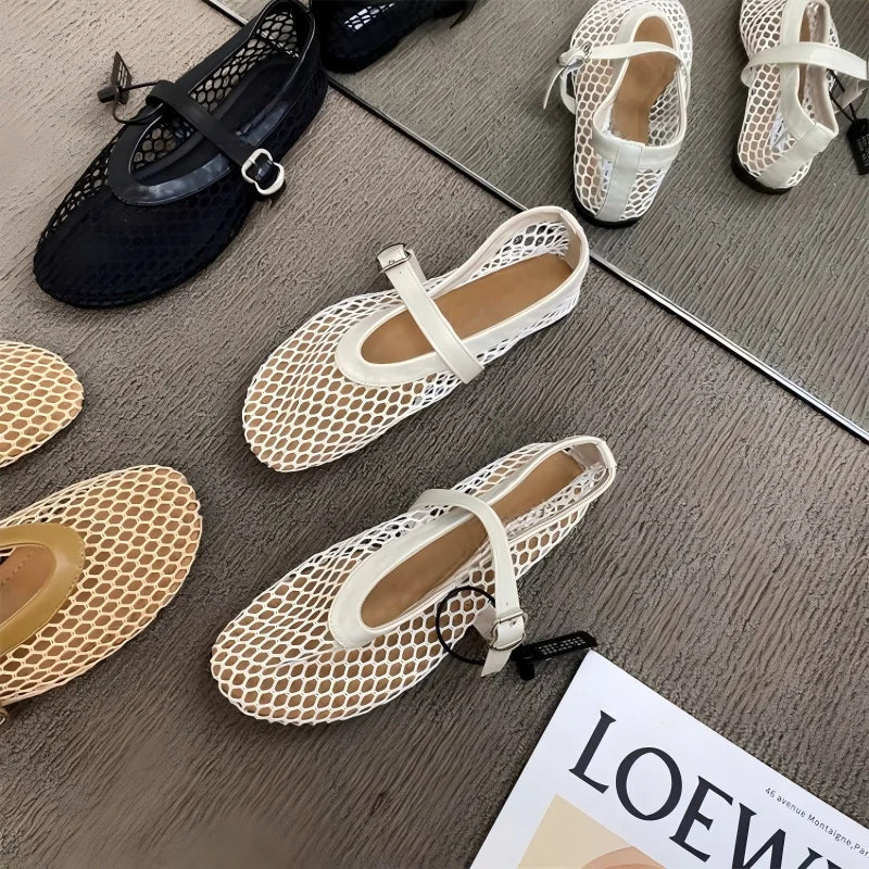 Women's Mary Jane Flats 2026 New Hollow Out Mesh Breathable Fishnet Ankle Strap Casual Summer Sandals LadyShow.Store