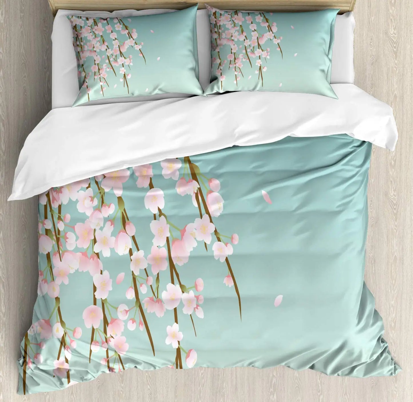 Japanese Duvet Cover Set Simplistic Cherry Blossom Tree Botanic Themed Pattern Fresh Organic Lines Bedding Set For Kids Girls Pi-Mart
