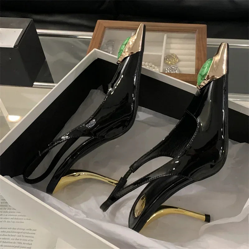 Aneikeh Street Style Design Metal Square Head Diamonds Woman Pumps Sandals Elegant Sexy Low-heel Banquet Prom Slingbacks Shoes LadyShow.Store