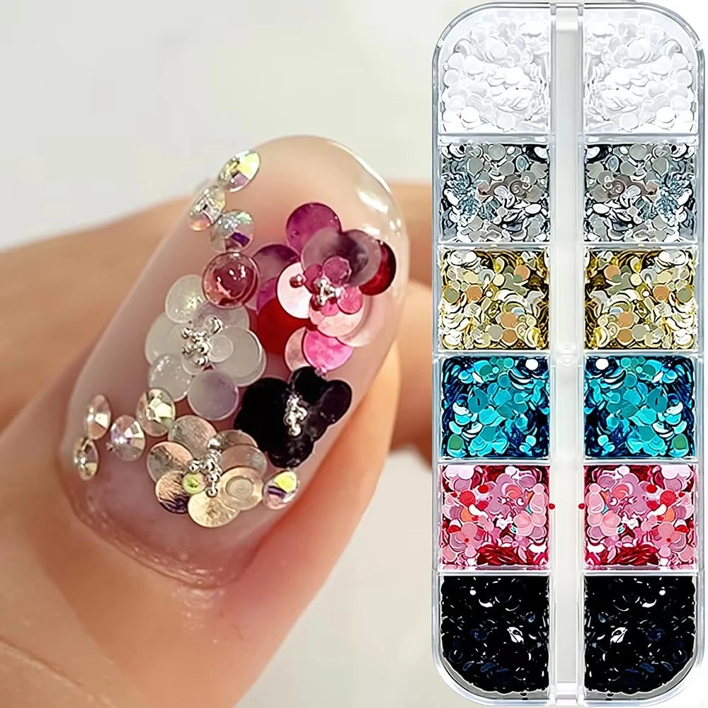 3D Spliced Flower Polka Dot Nail Art Sequins 12 Grids Retro 1-3mm Round Nail Glitter Sparkling Flakes Nail Charms Manicure Decro Pi-Mart