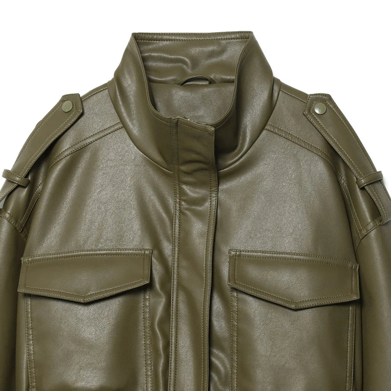 Women's Jacket Faux Leather Jacket Green Women's Demi-Season Jacket Outerwears Women's Autumn New In Coat Windbreaker Streetwear LadyShow.Store
