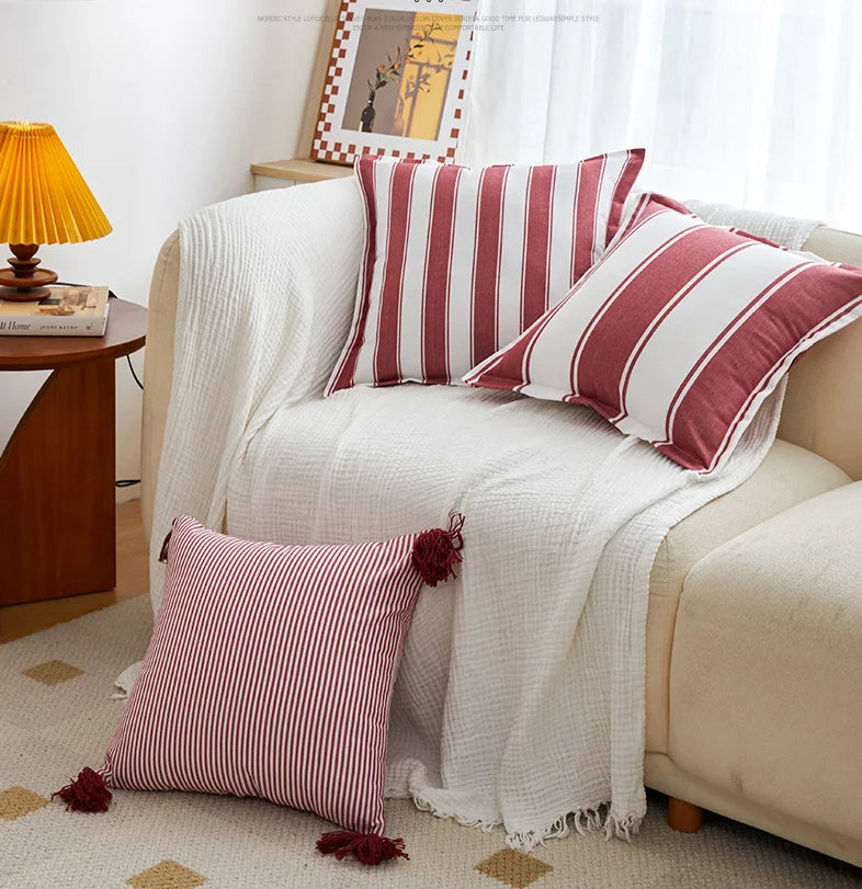 Classical Striped Cushion Cover 45x45cm Hawthorn Red Ivory Recycle Polyester Fabric Pillow Cover Indoor Outdoor Home Decoration Pi-Mart