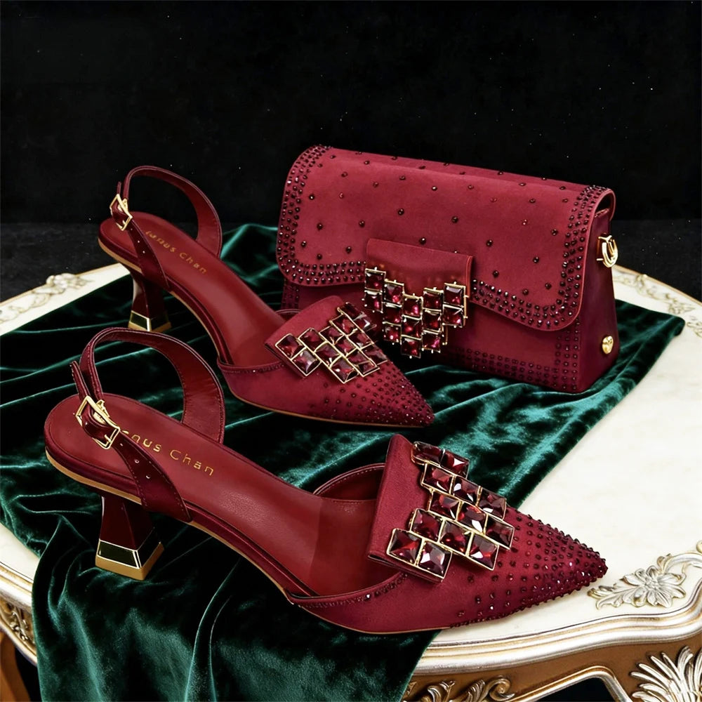 Venus Chan 2026 INS Italy Elegant Rhinestone Pointed Toe High Heels & Matching Bag Set - Perfect for Women's Parties & Weddings Pi-Mart