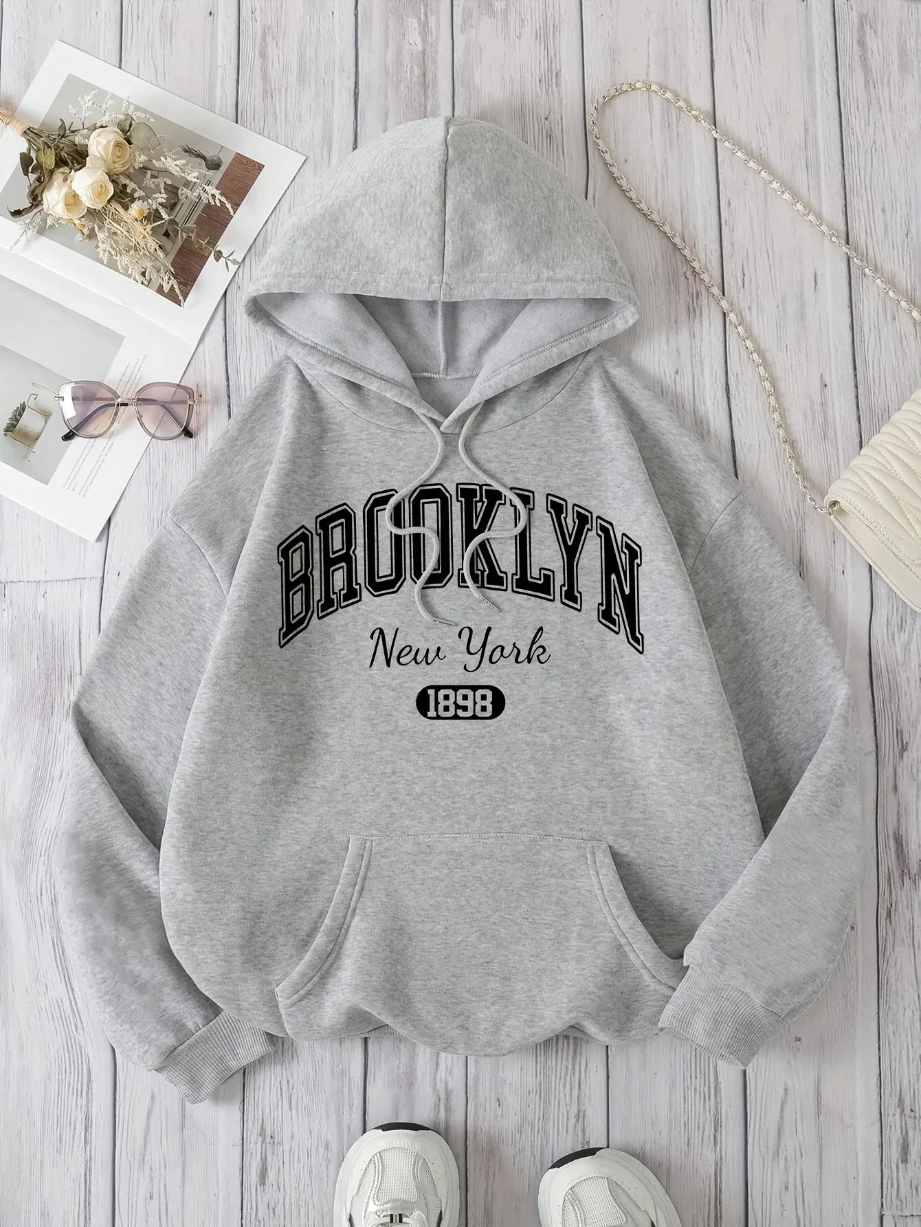 Brooklyn New York 1898 Hoodie Sweatshirt - Casual Polyester Hooded Pullover with Drawstring Alphabet Pattern LadyShow.Store