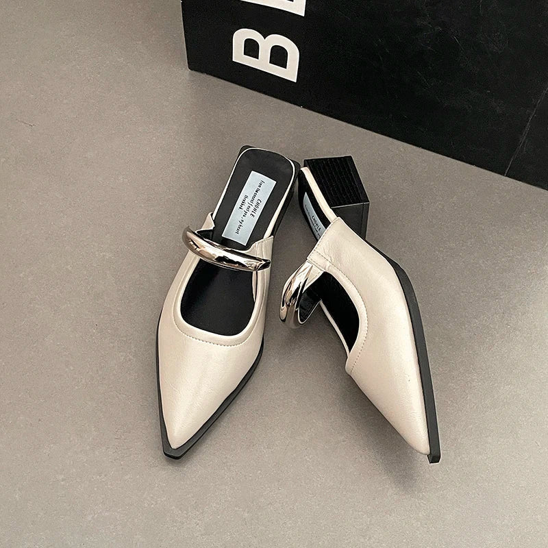 Summer Women Cover Toe Mules Slippers Fashion Metal Decoration Thick Heel Slide Shoes Comfort Street Style Footwear LadyShow.Store