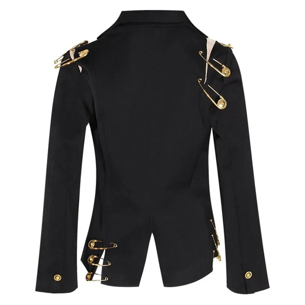 VGH Chic Spliced Metal Pin Slimming Blazer for Women Notched Collar Long Sleeve Patchwork Mesh Hollow Out Fashion Jacket Female LadyShow.Store