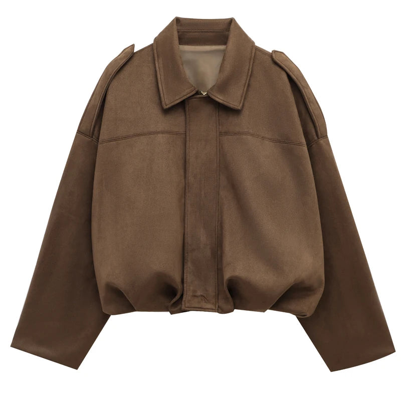 HXAO Women's Bomber Jacket Lapel Long Sleeve Zipper Suede Jacket Women 2025 High Street Cropped Racing Jackets Coats Outerwears Pi-Mart