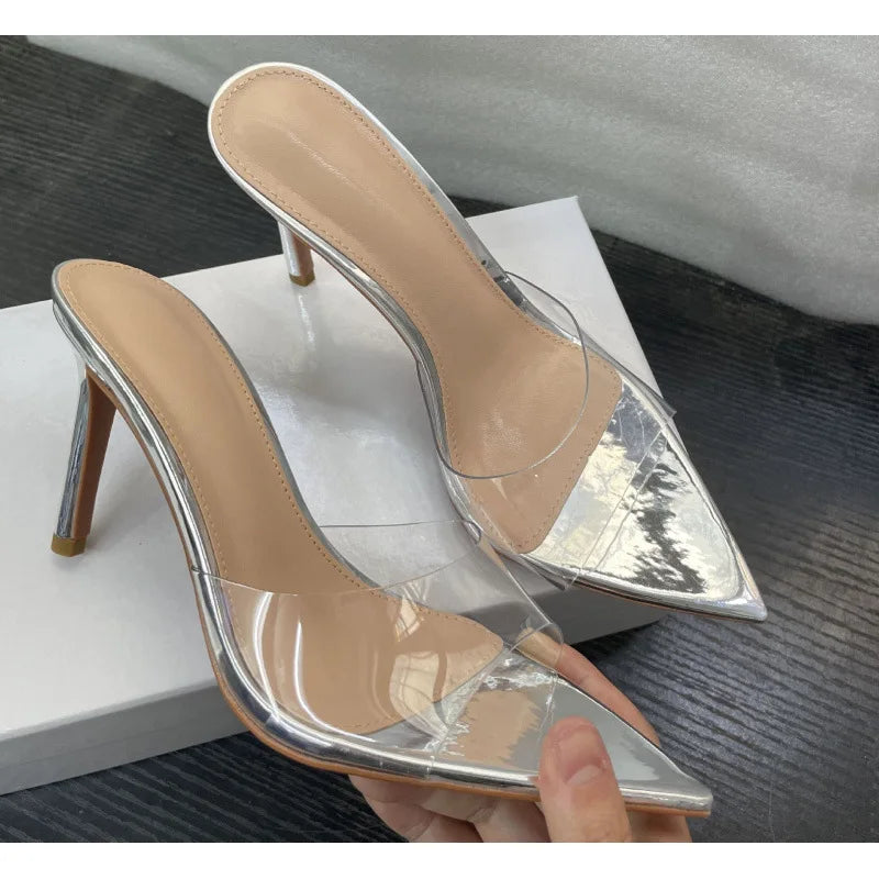 New Summer Women's High-heeled Sandals Simple Transparent High-heeled Slippers Stiletto Pointed Open-toed Slippers Mules LadyShow.Store