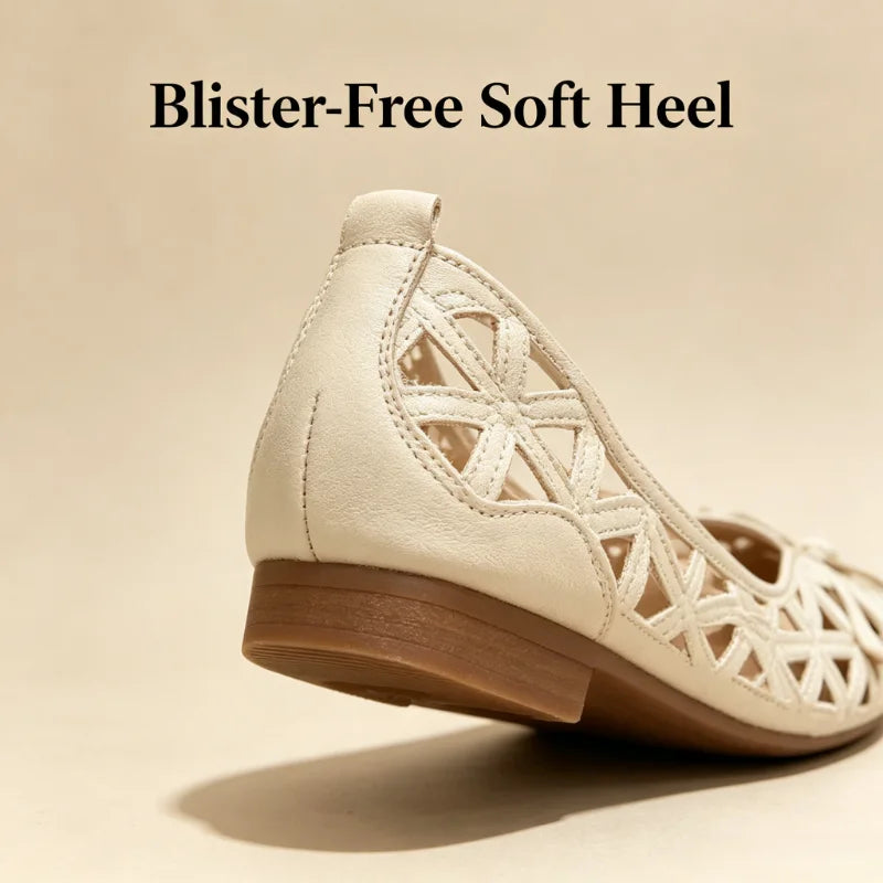 New French Style Bow Flat Sandals Women Geometric Cut-Out Peep-Toe Breathable Summer Beige Shoes for Dresses, Office and Casual LadyShow.Store