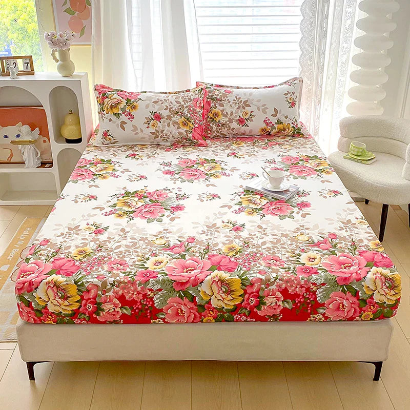 Red Flower Printed Bed Sheet Sets Queen/King Size sabanas cama matrimonial Reactive Printed Fitted Bedsheets for Double Bed LadyShow.Store