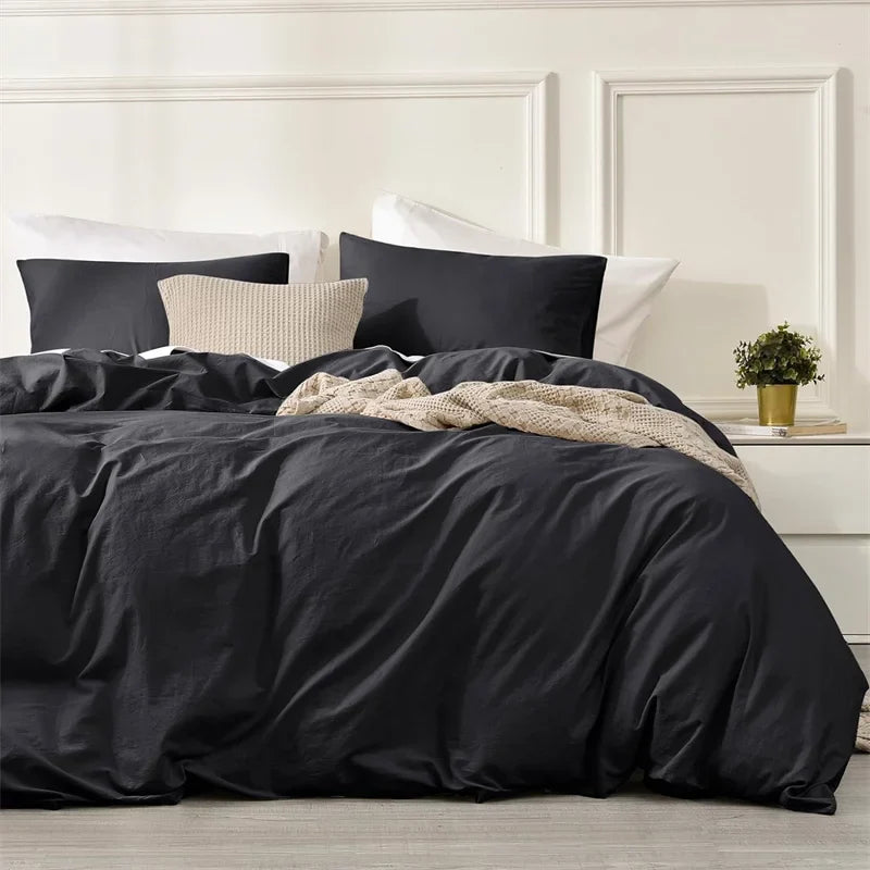 Washed Cotton Bed Linen Bedding Set 4 Pieces Bed Sheets Set Solid Color Comforter Cover Couple Queen King Size Bed Quilt Cover LadyShow.Store