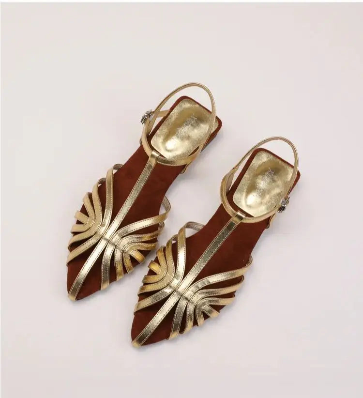 ZAROY Women Roman Sandals Summer Low Heel Ankle Strap Buckle Sandals Pointed Toe Hollowed Out T-strap Sandalias сандали LadyShow.Store