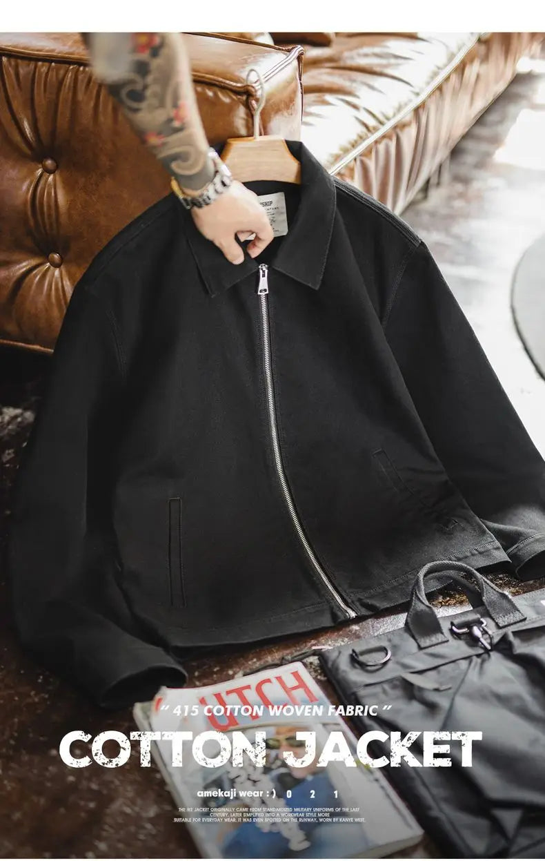 Maden Men's Vintage Ike Jacket Heavyweight Black Cotton Zip-Up Coat Lapel Collar Casual Outdoor Mountain Jacket for Spring Fall Pi-Mart