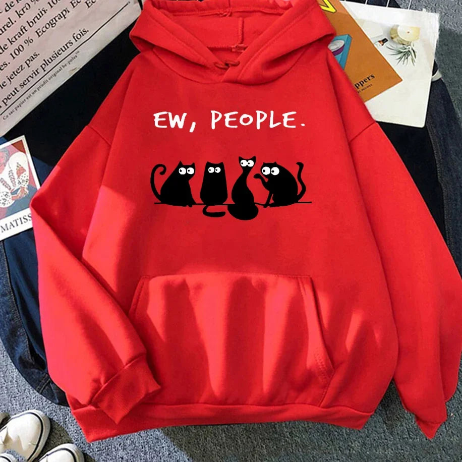 American Vintage 2025 Autumn Winter Woman Hoodies EW PEOPLE Letter Print Top Funny Harajuku Cartoon Black Cat Pattern Clothing LadyShow.Store