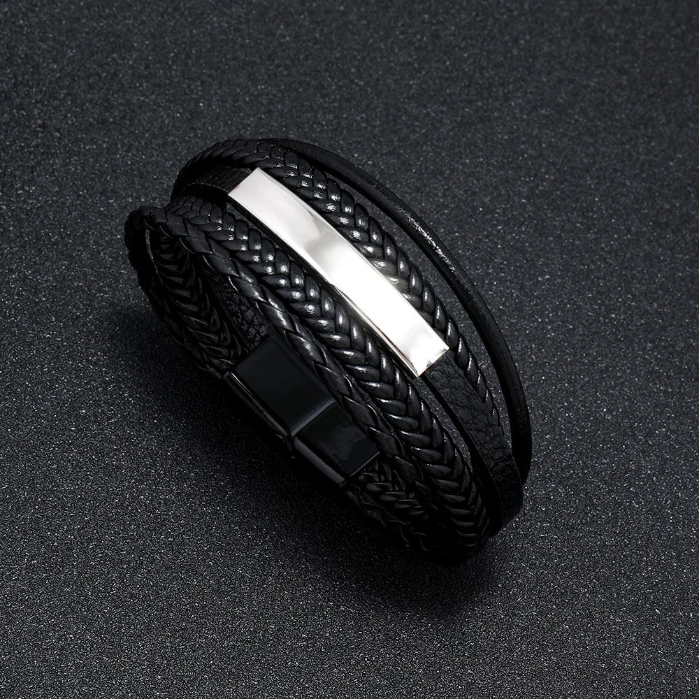 Trendy Leather Bracelets For Men Stainless Steel Bracelet 21CM Multilayer Braided Rope Bracelets for Male Jewelry Gifts Pi-Mart