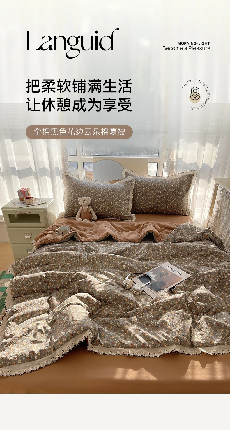 Summer Quilt Korean Style Duvet with Lace Single/Queen Size Comforter Flower Printed Quilted Blanket 여름이불 (No Pillowcase) Pi-Mart