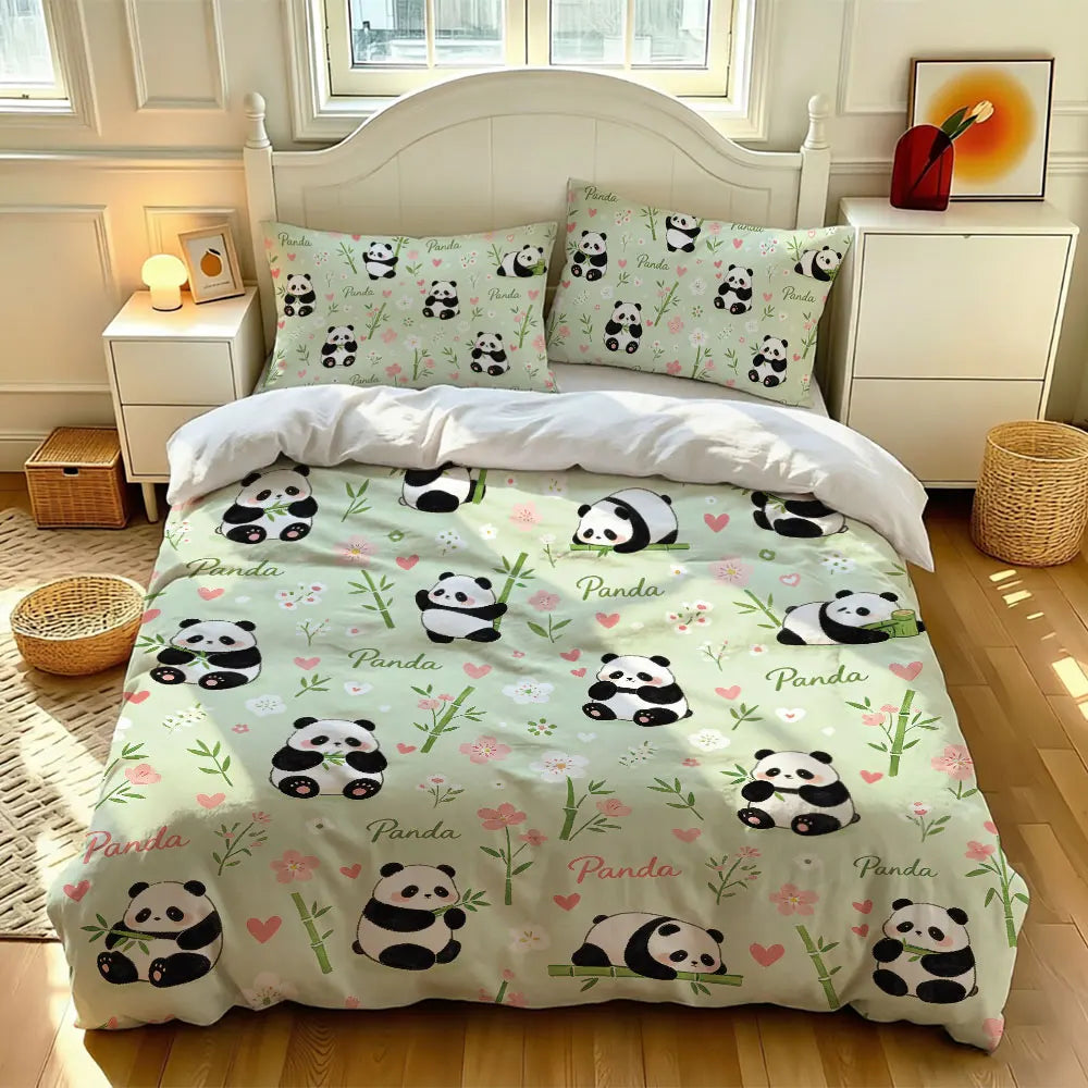 3pcs Cartoon Panda Print Coreless Duvet Cover Cool Summer Lightweight Bedding Set Multi Size Bedroom Bedding Decoration Pi-Mart