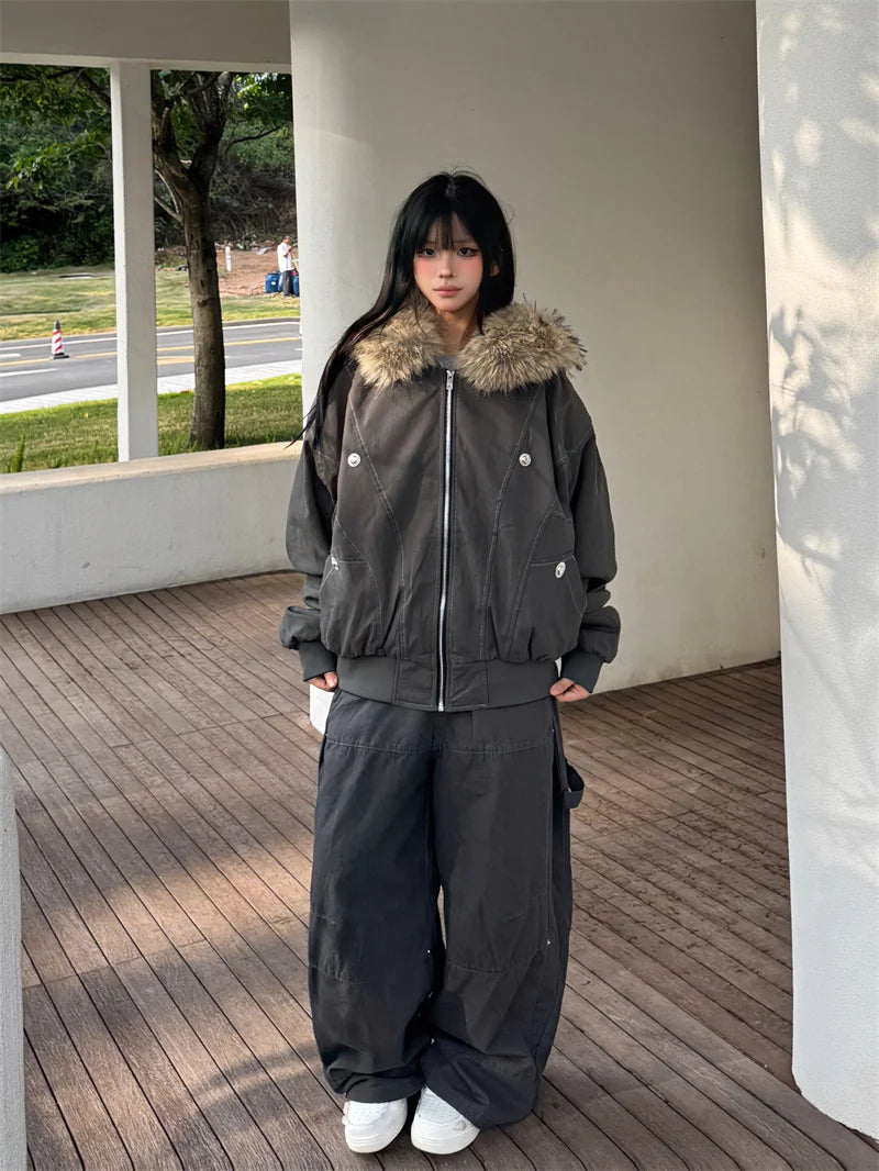 ZAROY Fur Collar Hooded Parkas Y2k Harajuku Thicken Padded Jackets Casual Zipper Gothic Women&Men Winter Coats Streetwear кур Pi-Mart
