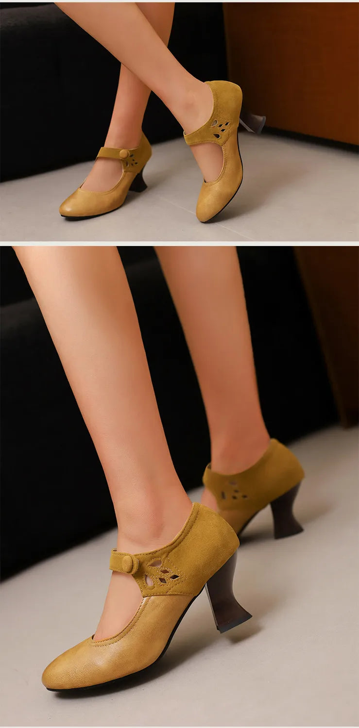 Summer Spring Cute Women Pumps Round Toe 6.5cm Small Heels Flock and PU Ankle Strap Buckle Green Yellow Big Size 46 48 Pi-Mart