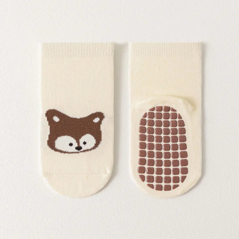 6 Pairs Kids Non-Slip Socks Cute Cartoon Fox and Bear Pattern Childrens Boys Girls Floor Socks Comfortable for Toddler Pi-Mart