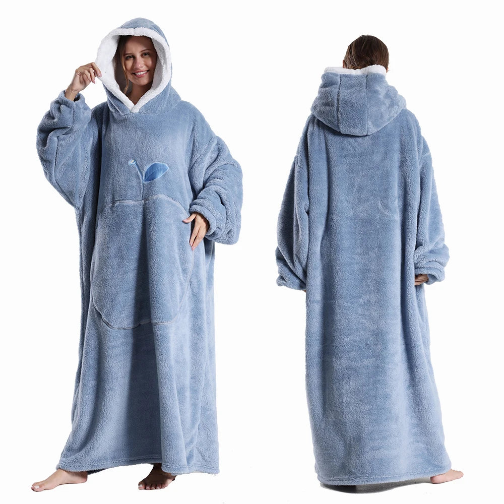 Women Plush Fleece Blanket Men Warm Thick Hoodies Adult Giant TV Blanlets with Sleeves Super Long Cold-proof Homewear Pajamas Pi-Mart