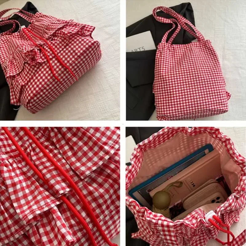 Large Capaci Cute Plaid Cotton Tote Bag  Lace Trim Women's Summer 2025 Simple Lady Handbag Soft Shoulder Bags Bolsa Feminina Pi-Mart
