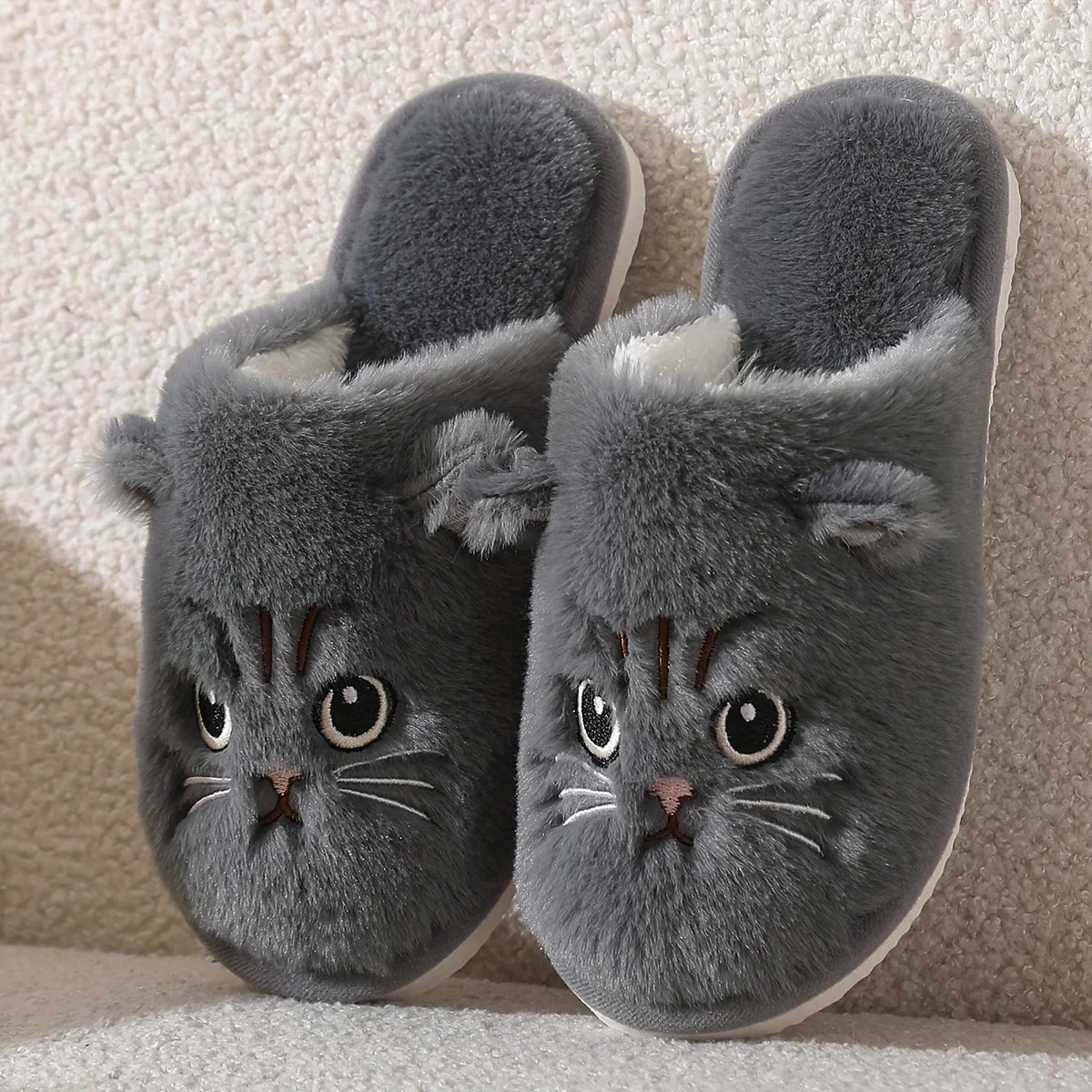 Womens Plush Cat Slippers Winter Warm Cozy Indoor House Shoes Soft EVA Sole Non-Slip Design LadyShow.Store